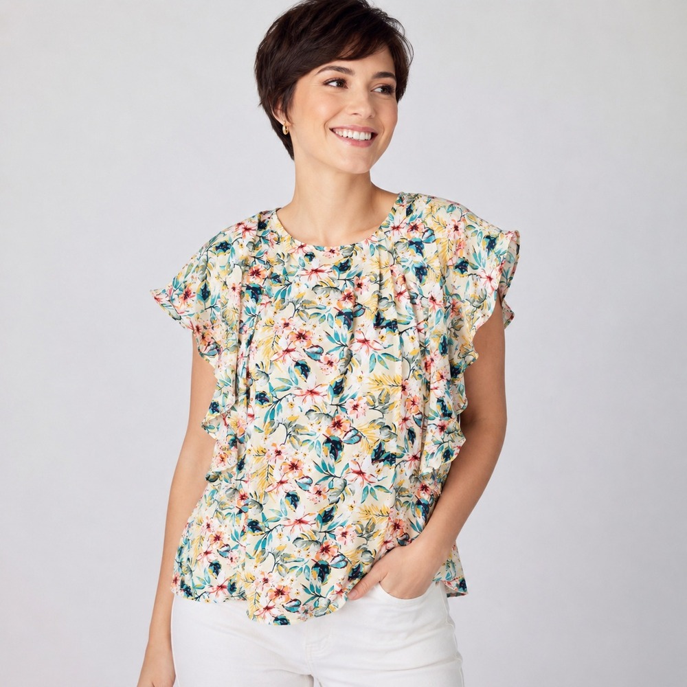Counterparts Women's XL Floral Boho Flutter Sleeve Tunic Blouse Lightweight Top
